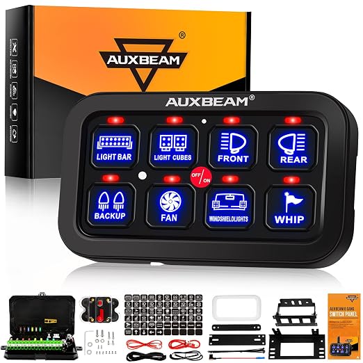 Auxbeam 8 Gang Switch Panel BA80, Universal Circuit Control Relay System Box with Automatic Dimmable On-Off LED Switch Pod Touch Switch Box for Car Pickup Truck Boat UTV ATV, Blue 3 Years Warranty