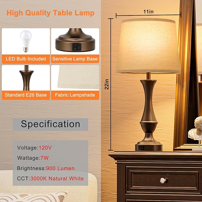 Seealle Upgraded Touch Lamps for Night Stands Set of 2 - Bedside Lamps with USB C+A, 3 Way Dimmable for Bedroom Living Room End Tables Office(Brown)