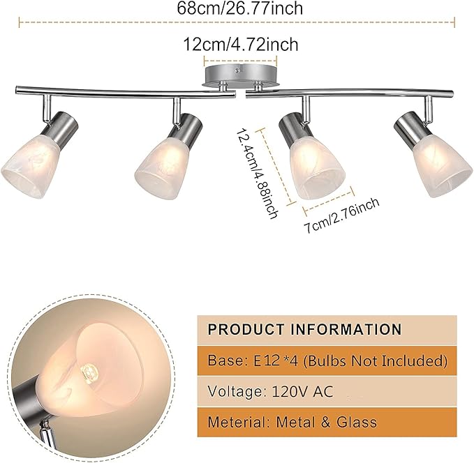 HiBay LED Track Lighting Fixtures, Rotatable 4-Light Ceiling Spot Light, Modern Spotlight with Glass Shade for Living Room Kitchen Dining Room, E12 Base (Bulbs Not Included)