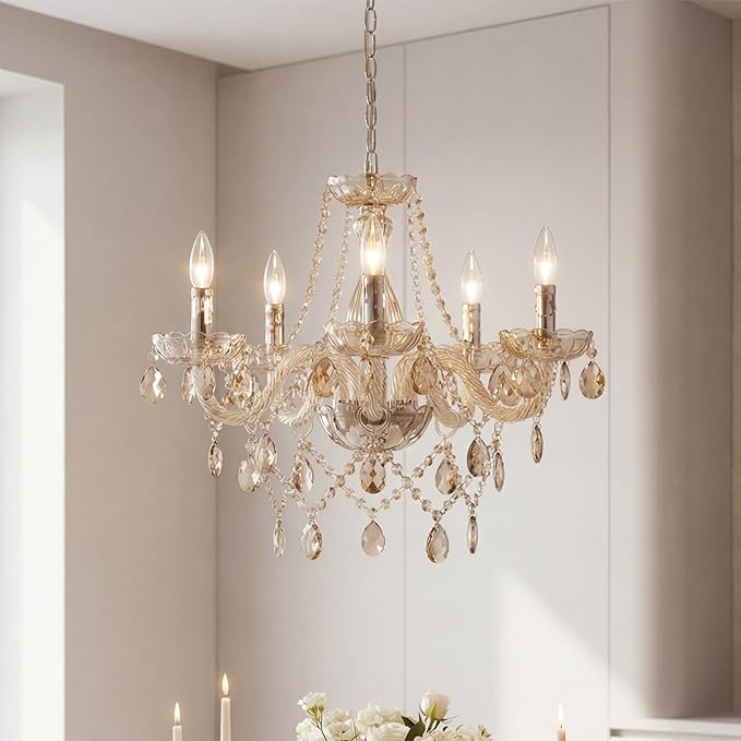 Saint Mossi 5 Light Modern K9 Crystal Chandelier for Dining Room, Pendant Ceiling Lighting Fixture for Bedroom, Living Room, Champagne Crystal