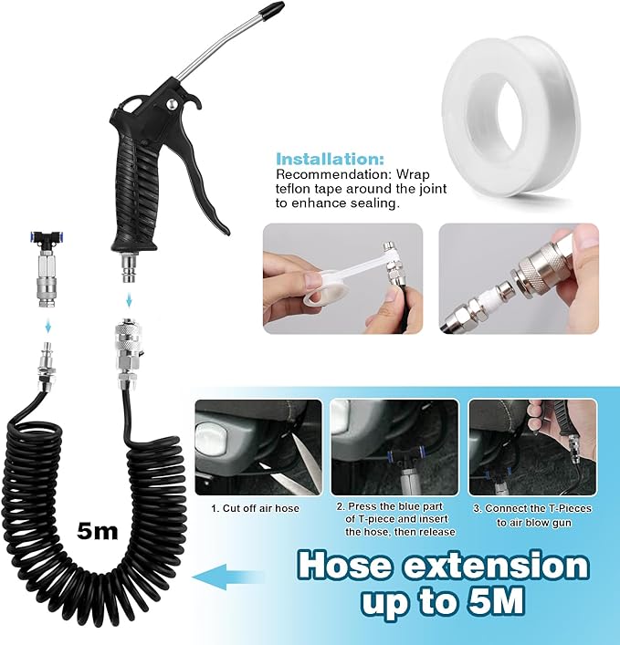 Truck Air Duster Gun with 5 Metre Recoil Air Hose, Air Seat Blow Dust Gun Heavy Duty Air Gun Cleaning Kit for Truck Semi Trailers