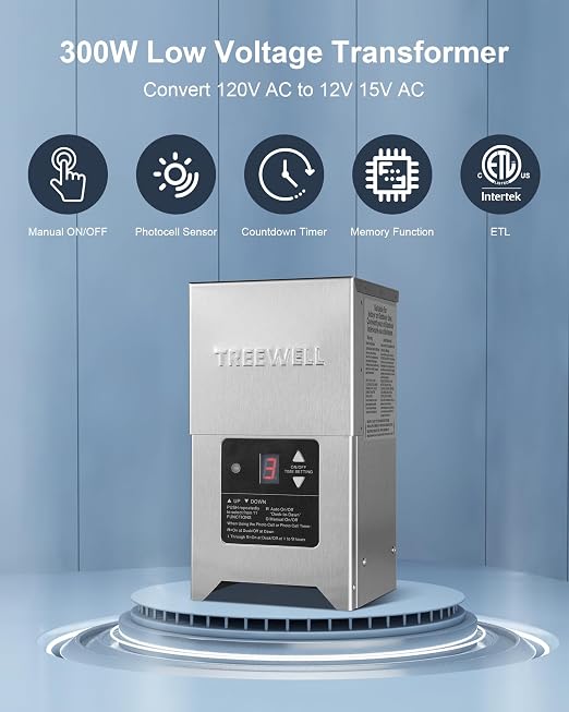 300W Low Voltage Landscape Transformer, Outdoor Landscape Lighting Transformer with Photocell Sensor & Timer, 120V AC to 12V/15V AC, Stainless Steel Weatherproof Transformer, ETL Listed