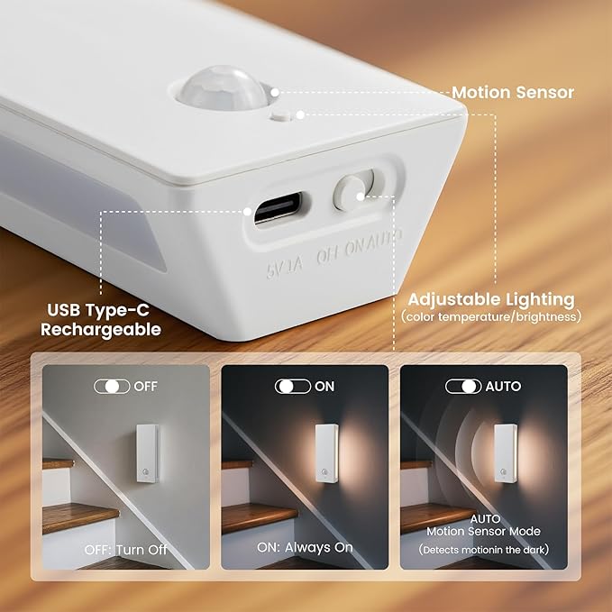 LED Backlit Motion Sensor Night Light, Rechargeable Night Light, Mini Stick-On Night Lights, Soft Two-Sided Glow, Magnetic, 3-Color Adjustable, for Bedroom, Toilet, Hallway & Cabinet (ABS *1pack)