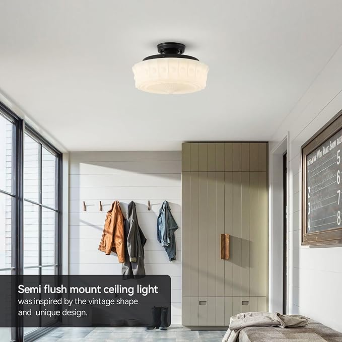 youngrender 14" Milk Glass Schoolhouse Light Fixture, Vintage Black Flush Mount Ceiling Light,Mid Century Schoolhouse Ceiling Light for Bedroom Kitchen Hallway Entryway Foyer