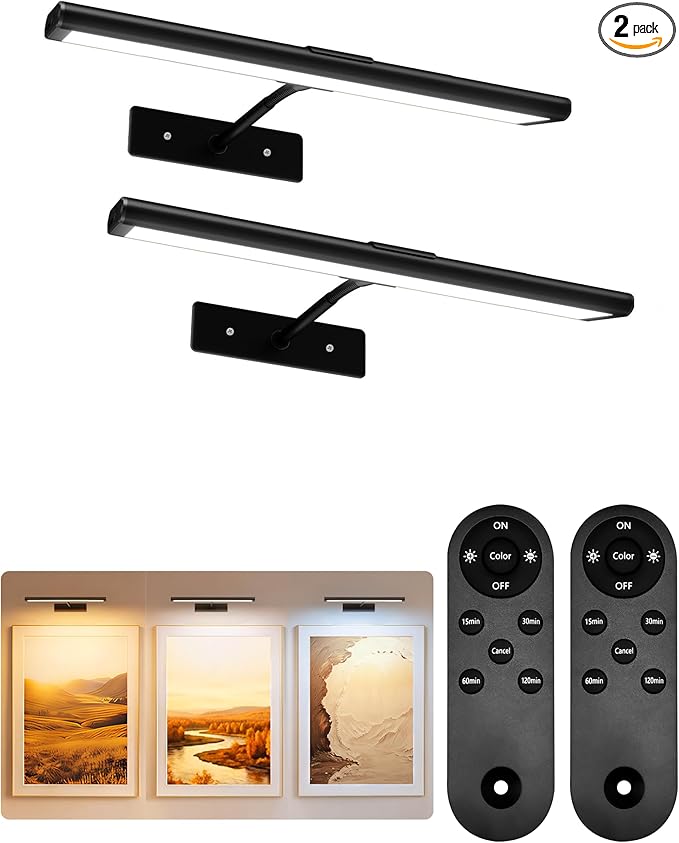 EZVALO Picture Light for Wall, 13'' Black Rechargeable 4800mAh Battery Lights Wireless Remote, Dimmable Magnetic LED Art Painting Light with 3 Color Temperatures, Display for Gallery, Living Room(2P)