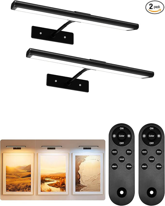 EZVALO Picture Light for Wall, 13'' Black Rechargeable 4800mAh Battery Lights Wireless Remote, Dimmable Magnetic LED Art Painting Light with 3 Color Temperatures, Display for Gallery, Living Room(2P)