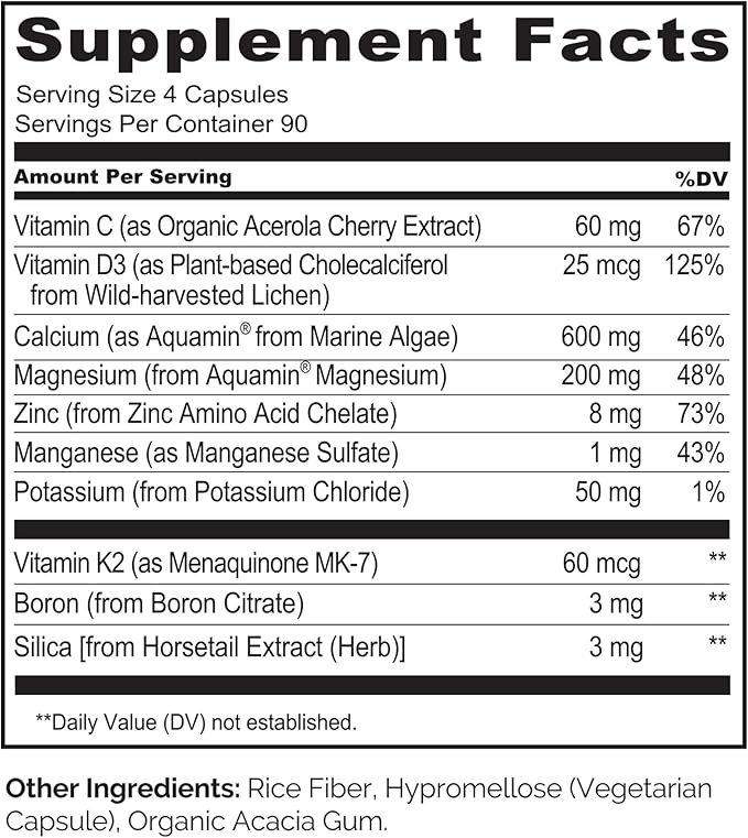 NATURELO Calcium Supplement with Vitamin C, D3, K2, and Magnesium Zinc for Bone Strength, 360 Vegetarian Capsules, with Calcium 600mg, Non-GMO, Plant-Based, Soy & Gluten-Free