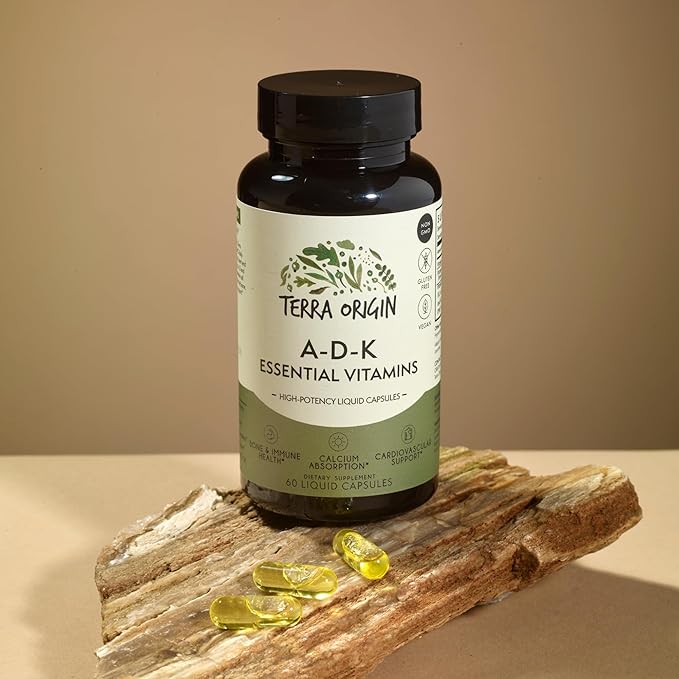 Complément vitaminique essentiel TERRA ORIGIN ADK | 60 capsules liquides | Vitamines A, D 5000 UI, K1 et K2 à haute puissance | Sans OGM, sans gluten, végétalien, fabriqué aux États-Unis
