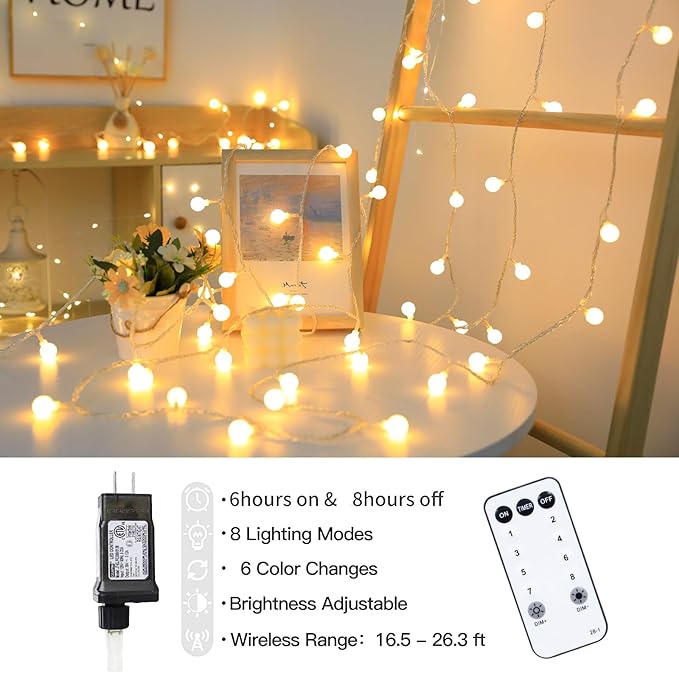 Globe String Lights 115 Feet 200 LED,Plug in Fairy String Lighting with Remote Timer Extendable, 8 Modes Indoor Outdoor String Lights for Wedding Bedroom Classroom Patio Garden