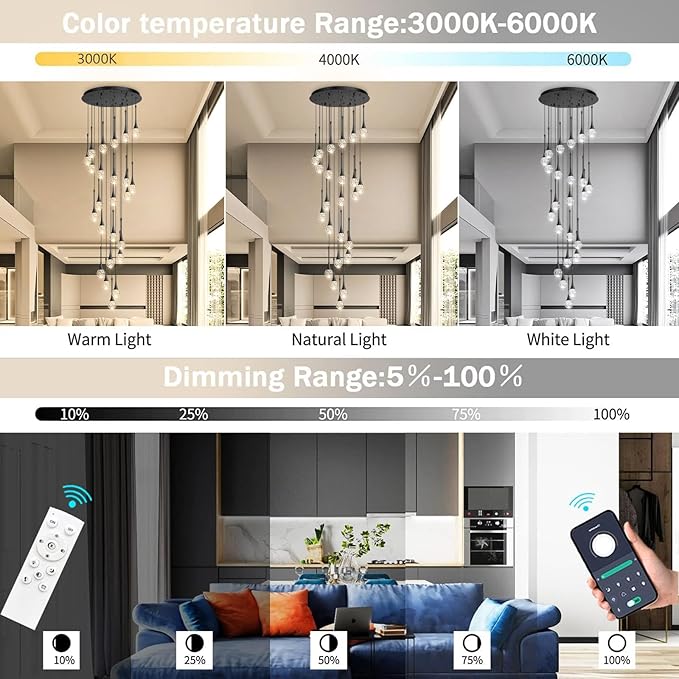 24 Light Modern Glam Crystal Chandelier for High Ceiling LED Dimmable Ceiling Pendant Light Staircase Foyer Enterway Living Room Chandelier Lighting Antique Black