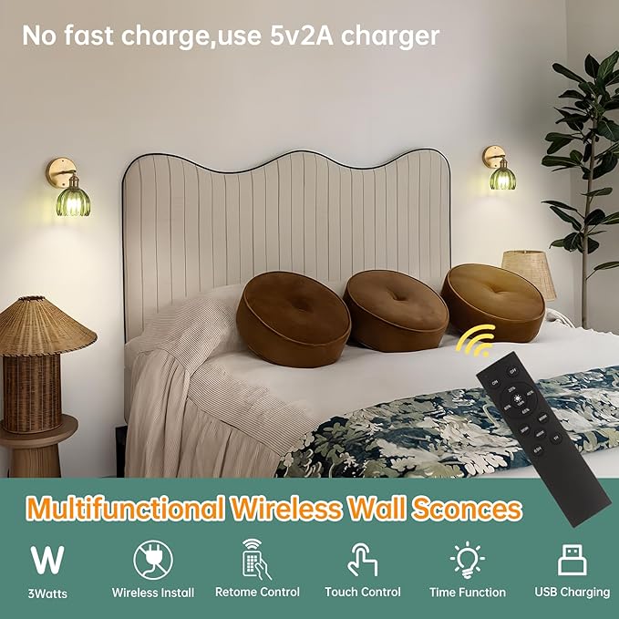 Shenmoyl Battery Operated Vintage Wall Sconces with Green Tulip Glass Lampshade Battery Powered Wall Lighting for Bedside Bedroom Doorway, Set of 2