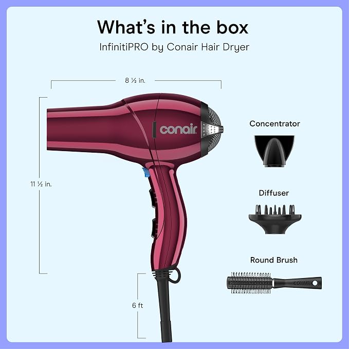 Conair Salon Hair Dryer | 1875-Watt AC Motor Fast Drying Salon Dryer, Reduces Frizz with Ionic Technology, Burgundy with Bonus Brush, 279BRL