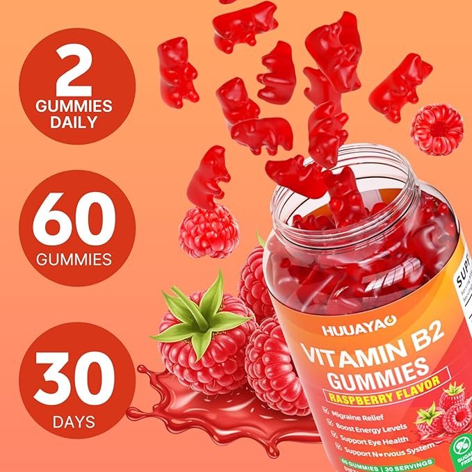 Gummies Vitamine B2, Supplément de Riboflavine avec Magnésium pour Enfants et Adultes, Gummies B2 pour le Soulagement de la Migraine et le Soutien du Système Nerveux, Végan, Sans Sucre, Saveur Framboise, 60 Comprimés