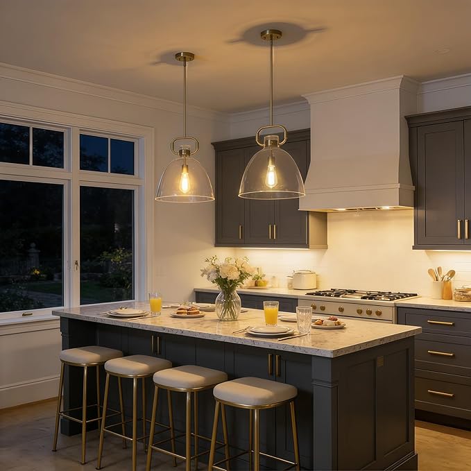 14’’ Large Glass Pendant Lights Kitchen Island, 1-Light Modern Gold Kitchen Island Lighting, Adjustable Antique Brass Hanging Pendant Light Fixture for Dining Room Bedroom Hallway E26