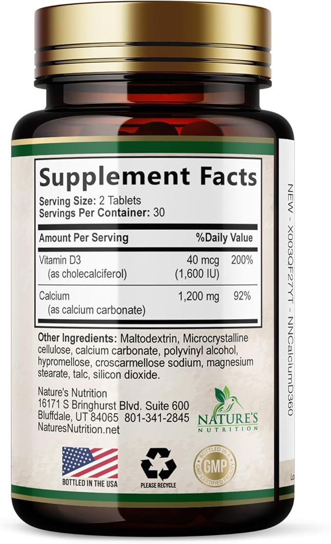 Calcium 1200 mg with Vitamin D3 - Per Serving - Bone Health Supplement - Vitamin D & Calcium Supplements for Women & Men - Bone Strength Support - Natural Calcium Pills - Bottled in USA - 60 Tablets