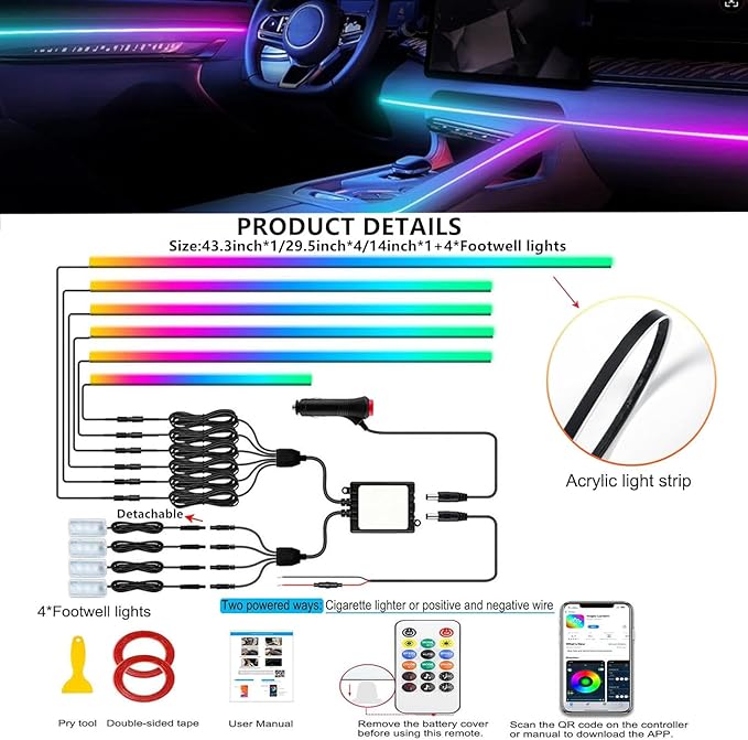 Interior Car LED Strip Lights,Acrylic LED Lights for Car with Dynamic Dreamcolor Chasing,175 inches 10 in 1 RGB Neon Strip Fiber Optic Ambient Lighting Kits with Remote APP,for Inside car Decorations