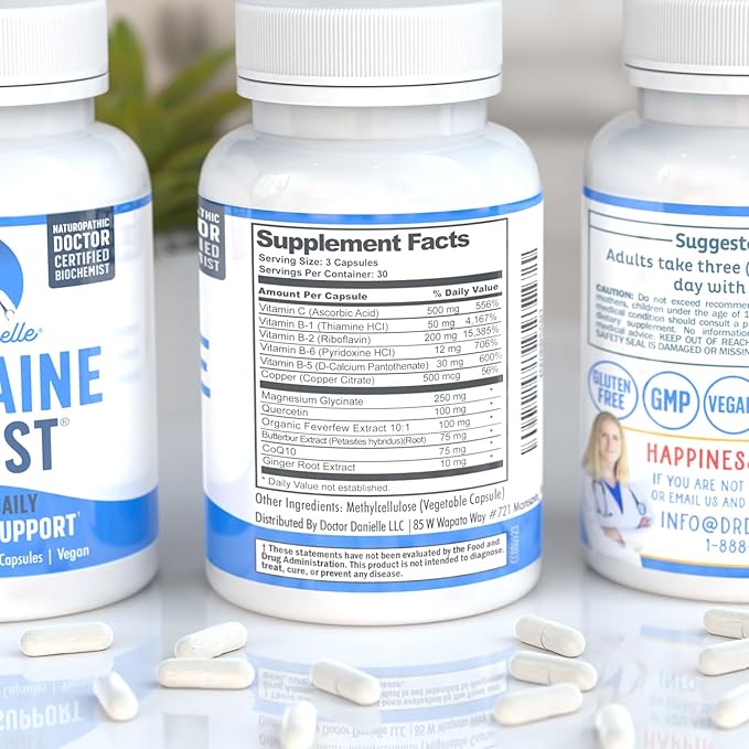 Meilleur produit de soulagement de la migraine avec du magnésium - Supplément Migraine Assist avec quercétine, grande camomille, pétasite, CoQ10 de Dr. Danielle, 90 gélules