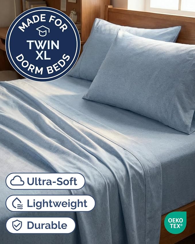 Twin XL 4 Piece Sheet Set - Comfy Breathable & Cooling - Soft Hotel Luxury Bedding Set with 8-16 Inch Deep Pockets - 1 Flat & 1 Fitted Sheet & 2 Pillowcases - Wrinkle Free & Easy Care - Heathered Blue