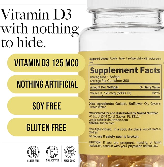 Vitamine D3 Nue 5000 UI – Supplément de Vitamine D à Haute Puissance pour le Soutien Immunitaire, la Force Osseuse, la Fonction Musculaire – 200 Gélules de Vitamine D
