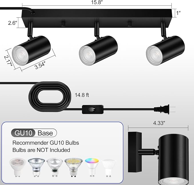 BoostArea LED Track Lighting Ceiling Fixtures, Black 3-Light Plug in Track Lights for Kitchen, 3 Way Ceiling Spotlight, 15 FT Cord,Flexibly Rotatable Wall Mount Light Head for Bedroom Hallway