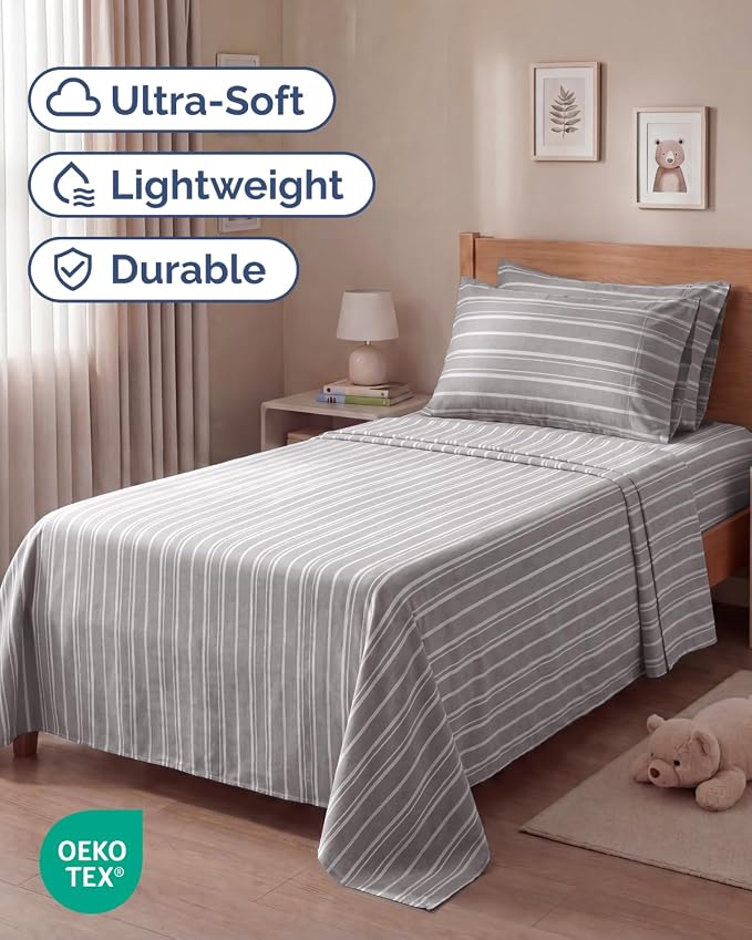 Twin 4 Piece Sheet Set - Comfy Breathable & Cooling - Soft Hotel Luxury Bedding Set with 8-16 Inch Deep Pockets - 1 Flat & 1 Fitted Sheet & 2 Pillowcases - Wrinkle Free & Easy Care - Grey Stripes 3