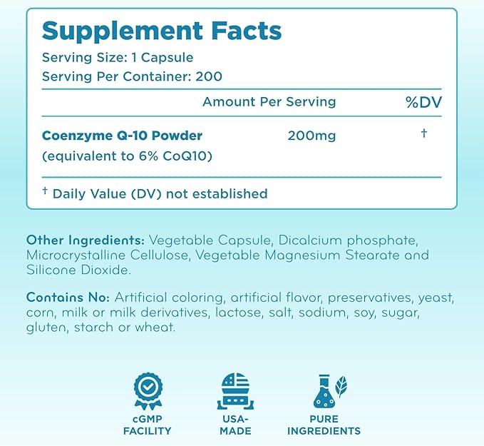 Clear Formulas Quick Absorption CoQ10 200mg - Coenzyme Q10 Potent Antioxidant for Heart Energy and Aging Support - High Stability CoQ10 Ubiquinone Capsules - Made in a cGMP US Lab