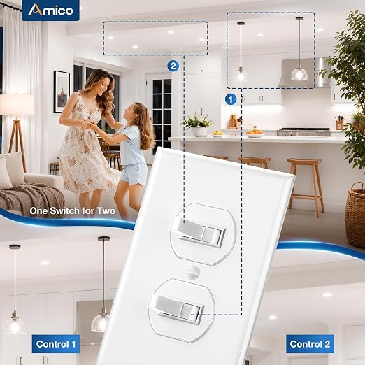 Amico 2 Pack Double Light Switch, UL Listed, Decorator Dual Single Pole Paddle Switch,15 Amp 120/277V, Grounding Screw, for Residential & Commercial Use, Wall Plate Included, White