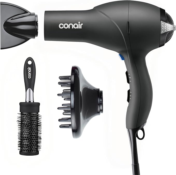 Conair Salon Hair Dryer | 1875W AC Motor for All Hair Types, Includes Bonus Round Brush, Concentrator, Diffuser, Black with Bonus Brush, 259AMRY