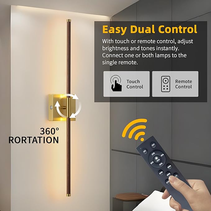 15800 mAh Battery Operated Wall Sconces with Remote Control Dimmable Battery Powered Cordless Rechargeable Wall Sconces Set of Two 3000K LED Walnut Wood and Brass Gold Wireless Wall Light for Bedroom