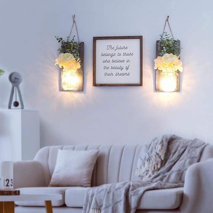 Modern Farmhouse Wall Decor, Country Wall Decor for Bedroom, Living Room, Kitchen, Rustic Wall Art with Led Fairy Lights & Rose Flowers, Wall Art Set of 2, Large Grey