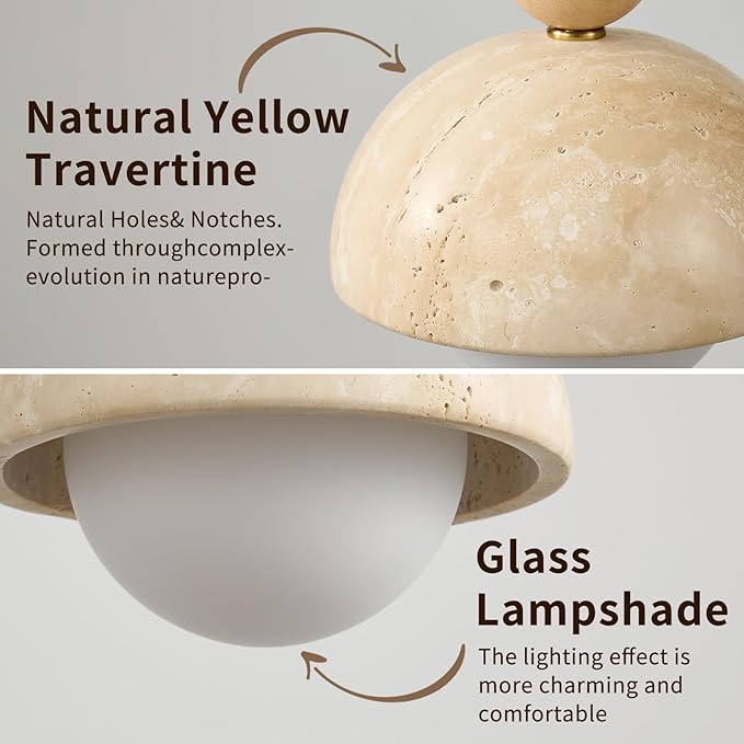 7.1inch Wabi Sabi Pendant Light, Yellow Travertine Pendant Light Fixture, Natural Stone & Wood Hanging Lamp for Kitchen Island, Hallway, Bedroom Bedside, Living Room, Dining Room (1pcs)