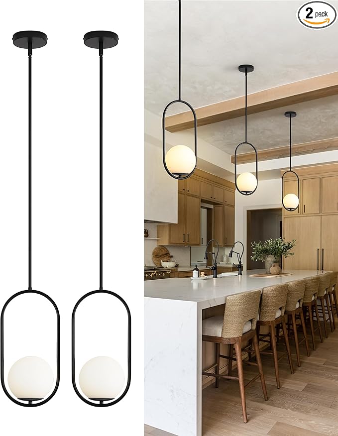 Yunnix Pendant Lights Kitchen Island, Pendant Light Fixtures, 2 Pack Modern Black Globe Glass Pendant Lighting, Mid Century Chandelier One Light for Bathroom Bedroom Dining Room