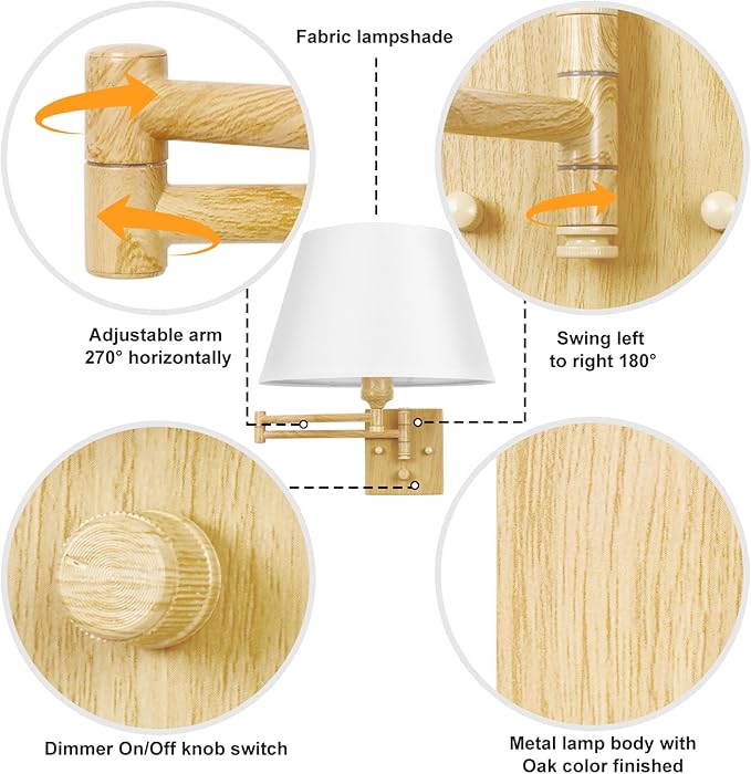 TRLIFE Dimmable Wall Sconce Plug in, Wall Sconces Set of 2 Swing Arm Wall Lights with Plug in Cord and Dimmer On/Off Knob Switch, 11.8" Large White Fabric Shade(2 LED Bulbs Included, Oak Color)