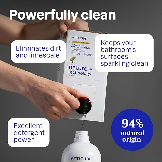 ATTITUDE バスルームクリーナースプレー、EWG認定、植物由来、ビーガン、バスルーム表面、タイル、浴槽、シャワーの壁、目地にも安全、シトラスゼストの香り、800ml