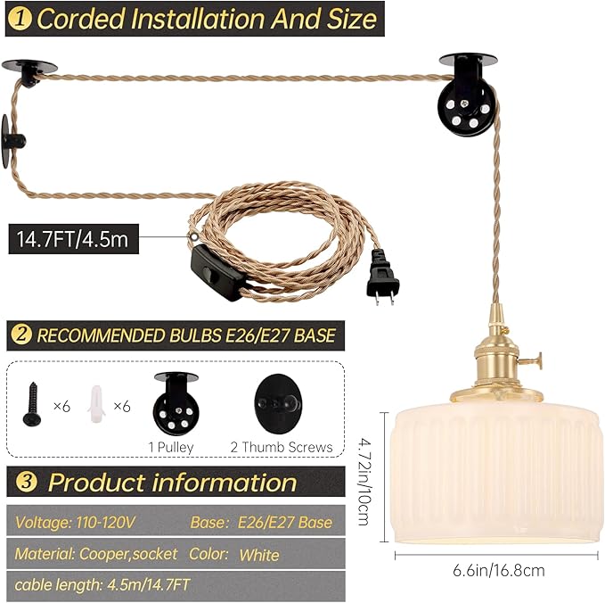 Shenmoyl Plug in Pendant Light Hanging Light Fixture Corded On/Off Switch Brass Pendant Light with White Striped Glass Lampshade for Bedroom Living Room Kitchen Island