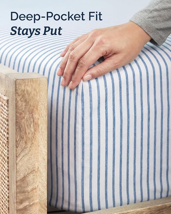 Twin 4 Piece Sheet Set - Comfy Breathable & Cooling - Soft Hotel Luxury Bedding Set with 8-16 Inch Deep Pockets - 1 Flat & 1 Fitted Sheet & 2 Pillowcases - Wrinkle Free & Easy Care - Blue Stripes 2