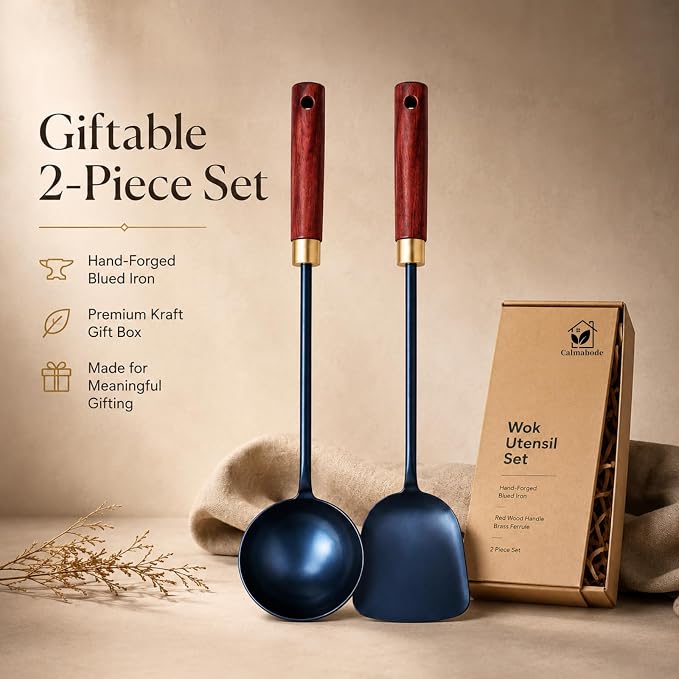 Calmabode 11” Hand-Forged Blued Iron Wok Spatula and Ladle Set | Hand-forged blued iron utensils with heat-resistant wood handles, ideal for wok cooking, stir-fry, sautéing and serving