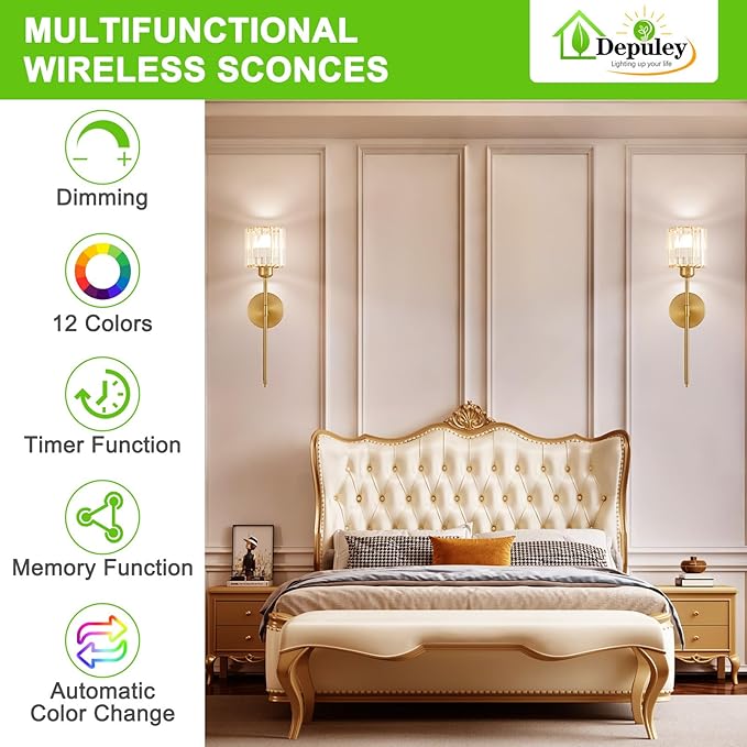 Depuley Battery Operated Wall Sconce: Set of 2 Wireless Crystal Wall Lights with Remote for Bedroom - Rechargeable 15 Colors Gold Wall Lamp for Living Room Hallway Home Decor