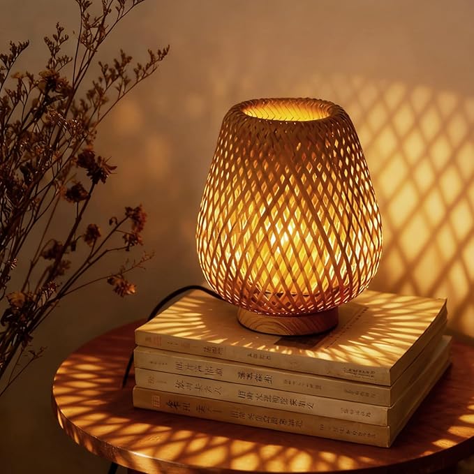 Boho Table Lamp with Double Layer Woven Shade Wood Base, Desk Bedside Small Rattan Lamps, 110V Plug, Dimmable E26 Socket (Bulb Included) for Living Room Night Stands Bedroom