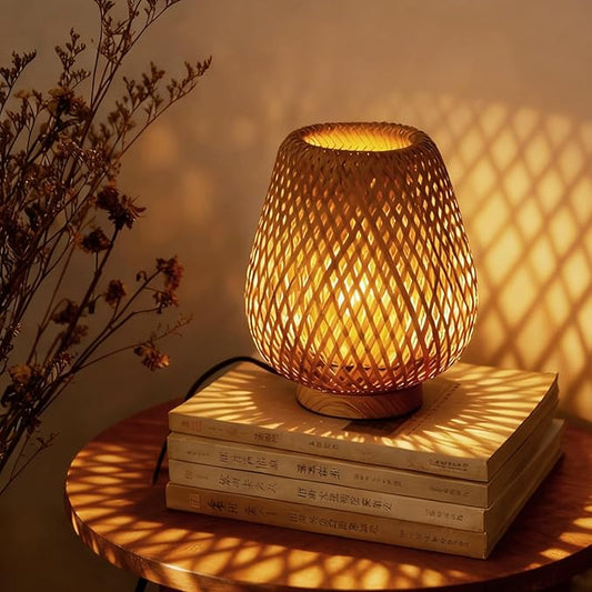 Boho Table Lamp with Double Layer Woven Shade Wood Base, Desk Bedside Small Rattan Lamps, 110V Plug, Dimmable E26 Socket (Bulb Included) for Living Room Night Stands Bedroom