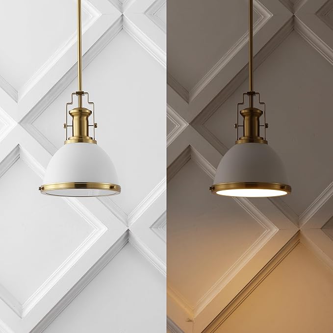 JONATHAN Y 10" Brass Gold/White Modern Industrial Iron LED Dome Pendant Light, Adjustable Hanging Fixture for Kitchen Island or Entryway, White Metal Shade, LED Bulb Included (JYL9535D)