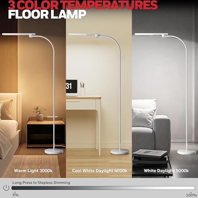 Honeywell LED Floor Lamp for Reading, CRI97 Full Spectrum Gooseneck Floor Lamp, Eye-Caring Dimmable Standing Task Light, 3 Color Temperatures, 77.5" Tall for Living Room, Bedroom, Office