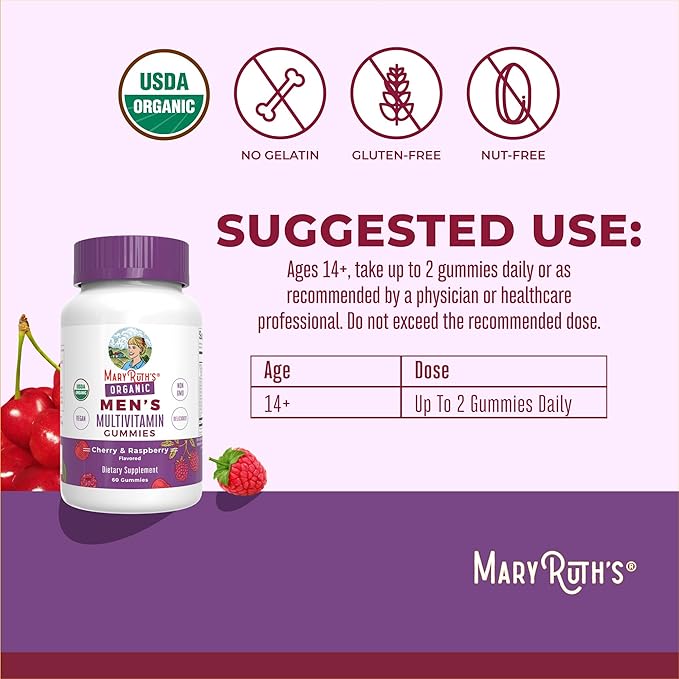 MaryRuth Organics メンズ ビタミン グミ | USDA | ヴィーガン | 免疫サポートのためのデイリーマルチビタミン | 非遺伝子組み換え | グルテンフリー | 60粒