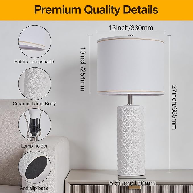 27" Farmhouse Bedside Table Lamp Set of 2, White Modern Ceramic Lamps for Living Room, 3 Color Temperature Rustic Table Lamps for Bedroom, Night Stands, Dorm,Office, Home Décor (Bulb Included