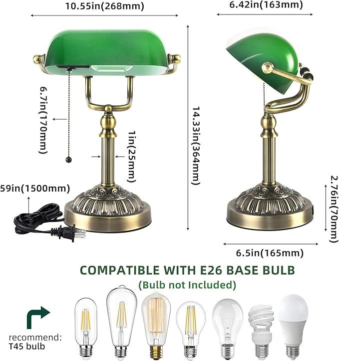 Bankers Desk Lamp with USB-A Charging Port, Vintage Desk Lamps with Pull Chain Green Glass, Antique Brass Banker's Lamp for Home Office Library