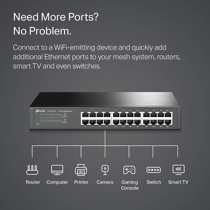 TP-Link 24 Port Gigabit Ethernet Switch Desktop/ Rackmount Plug & Play Shielded Ports Sturdy Metal Fanless Quiet Traffic Optimization Unmanaged (TL-SG1024S)