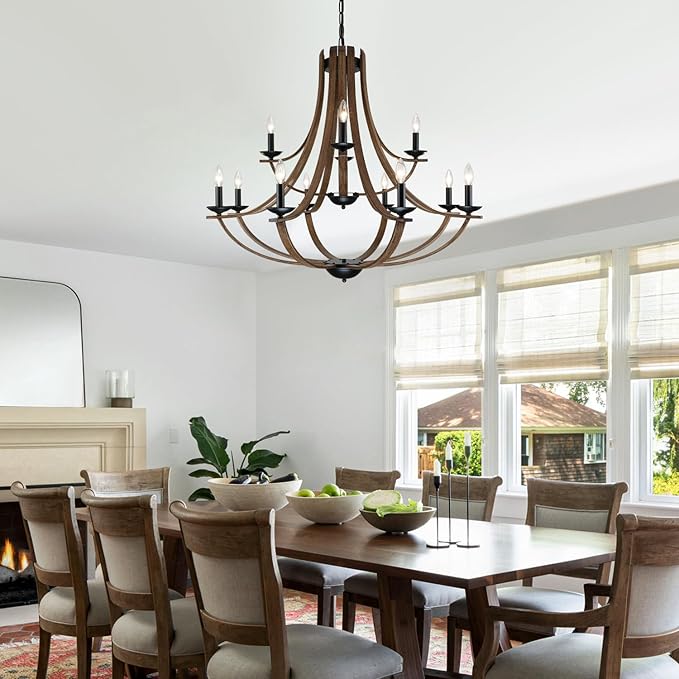 LAMPKEDUO Farmhouse Chandeliers for Dining Room Light Fixture, 2 Tier 12-Light 41" Adjustable Height Retro Faux Wood Texture Rustic Light Fixtures for Living Room Bedroom Foyer Entryway