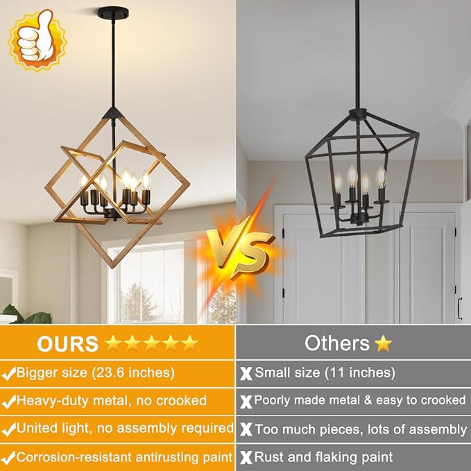 Modern Chandelier for Dining Room (24",6-Light), No Assembly Required Wood Grain Dining Room Light Fixture Over Table, Industrial Hanging Pendant Lights Fixture for Kitchen Island, Entryway, Foyer