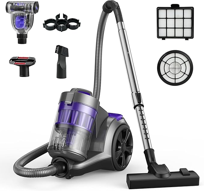 1700W Canister Vacuum Cleaner, 45Kpa Bagless Vacuum Cleaner, Multi-Cyclonic Filtration, 2 Anti-Allergen HEPA Filters, 3.5QT Dust Cup, 4 Tools, Corded Vacuum for Hard Floor, Pet Hair, Wineberry