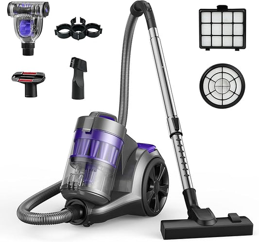 1700W Canister Vacuum Cleaner, 45Kpa Bagless Vacuum Cleaner, Multi-Cyclonic Filtration, 2 Anti-Allergen HEPA Filters, 3.5QT Dust Cup, 4 Tools, Corded Vacuum for Hard Floor, Pet Hair, Wineberry